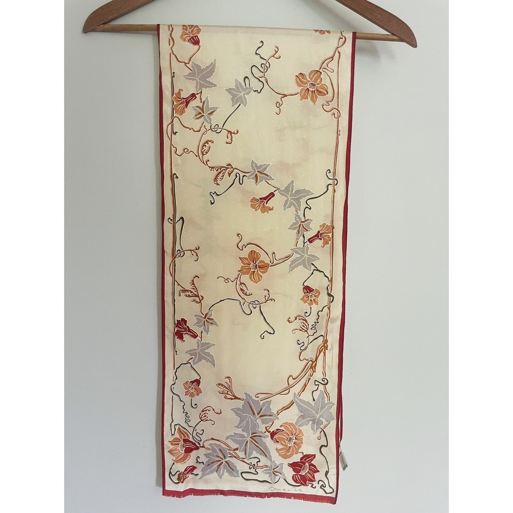 VTG Oscar De La Renta Silk Art Nouveau Floral Oblong Fringe Autumnal Scarf